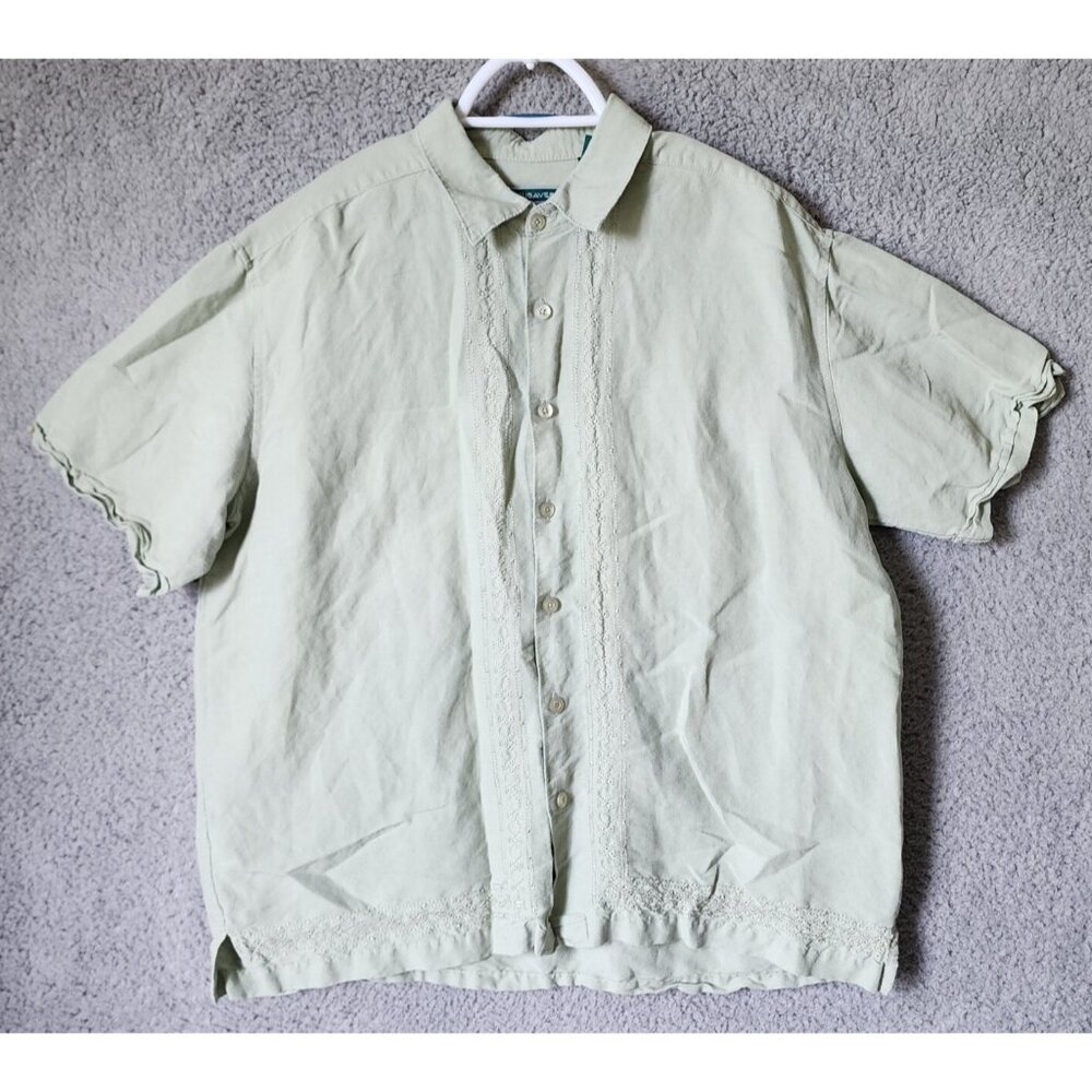 Cubavera Green Embroidered Beach Short Sleeve‎ Button Up Shirt Size Large Rayon